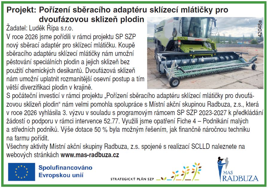 Informační panel projektu – Spolufinancováno Evropskou unií, Strategický plán SZP, MAS Radbuza